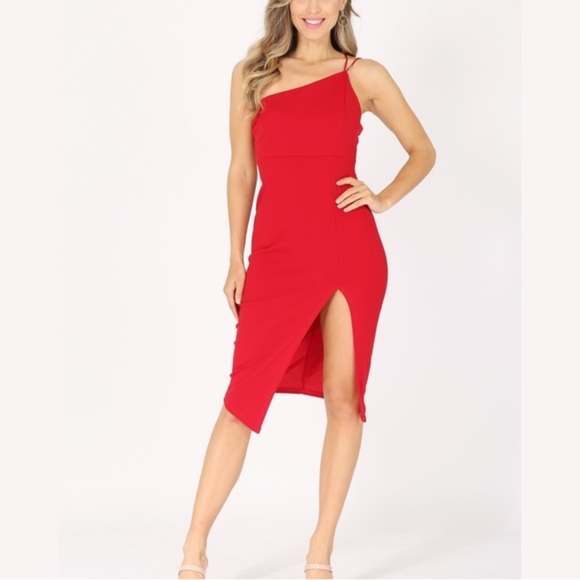 Red One Shoulder Leg Slit Cocktail Dress Bodycon - Picture 3 of 9